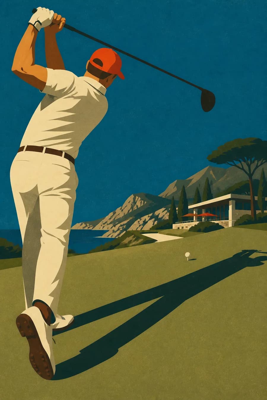A golfer at the top of a backswing under a low sun, long shadow across the tee.