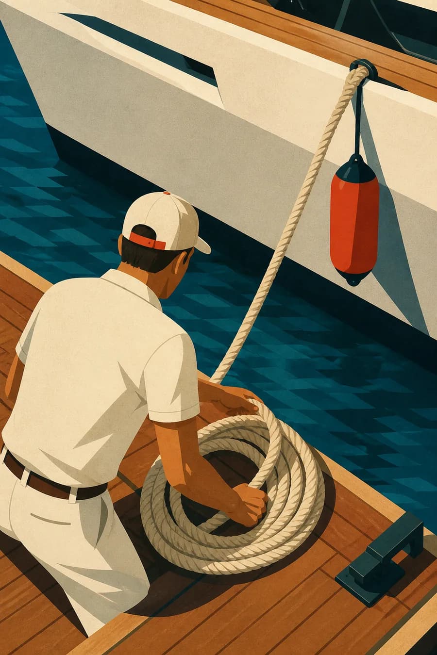 A dockhand in a cream polo coiling a line on a varnished deck against deep water.